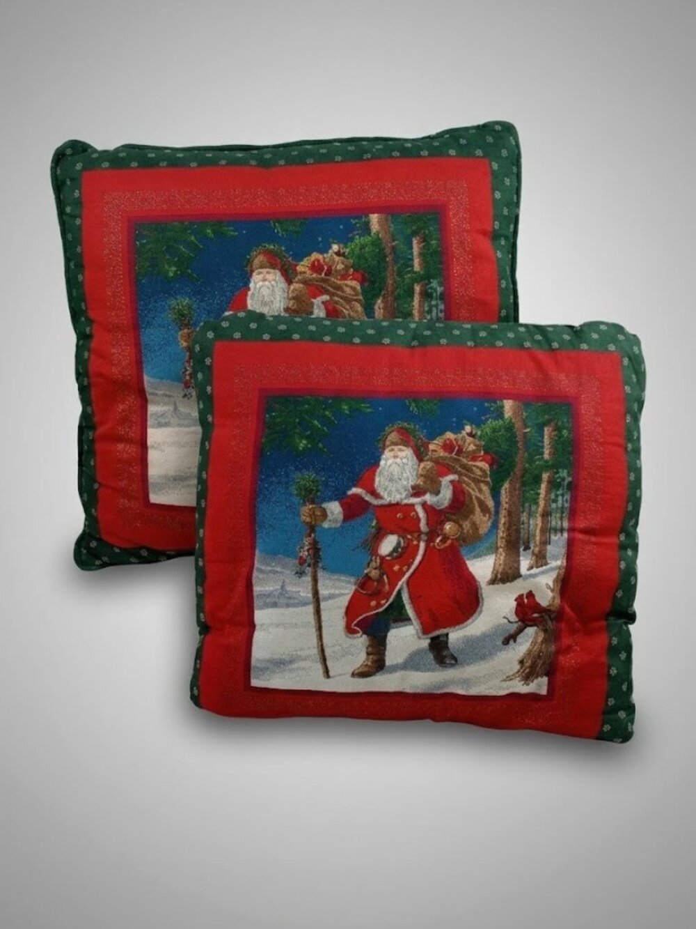 PAIR of Old World Santa Claus Throw Pillows Christmas Holiday Santa in Snow Vtg